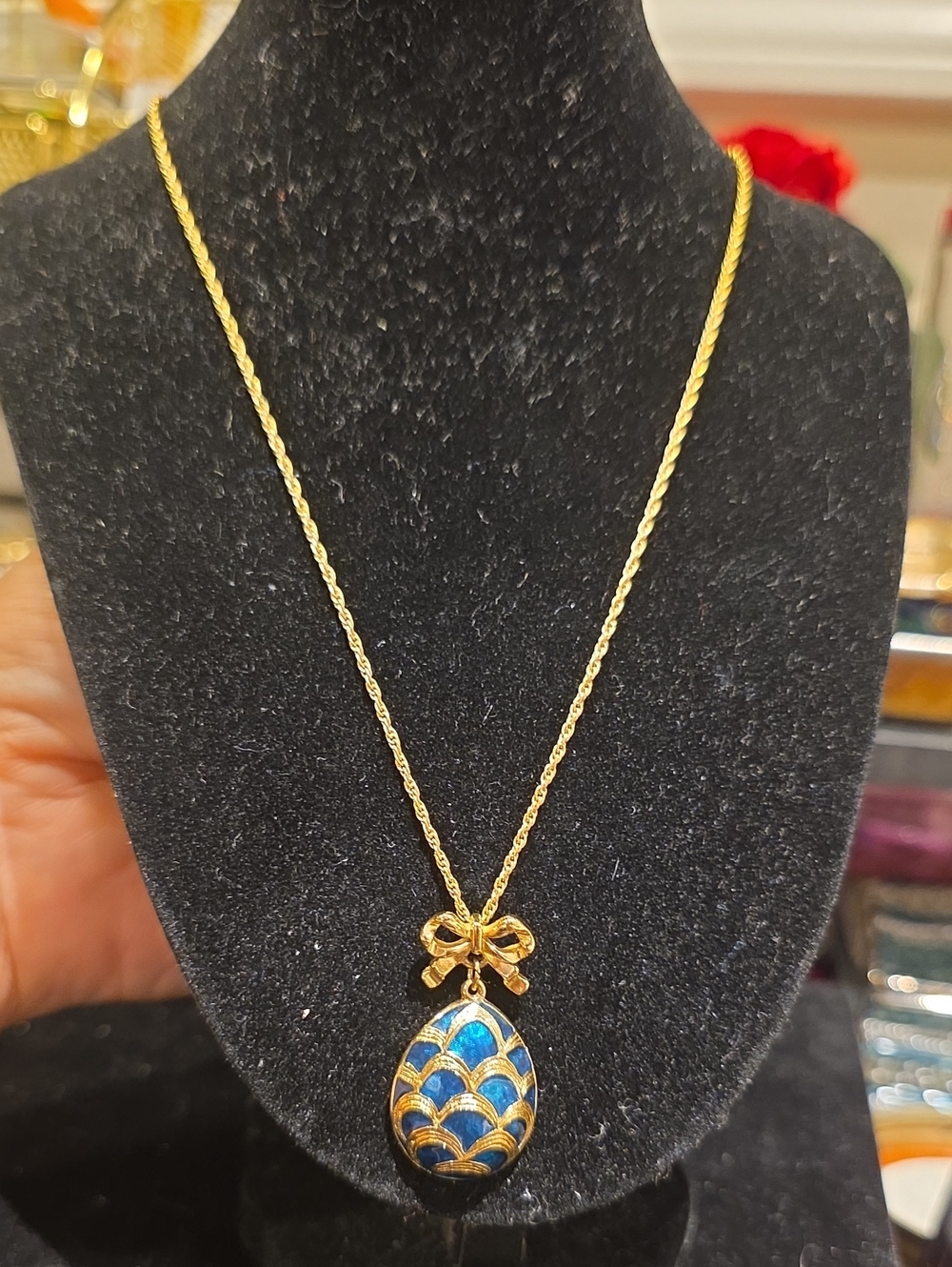 Avon Gold-tone Necklace with Blue Enamel Egg Pendant and Bow